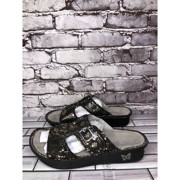 Alegria PEG 780 Black Silver Mosaic Leather Platform Slides Comfort Sandals 41EU - Picture 1 of 16